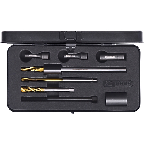 Werkzeugkoffer mit verschiedenen Bohrern und Adaptern, KS Tools Logo.